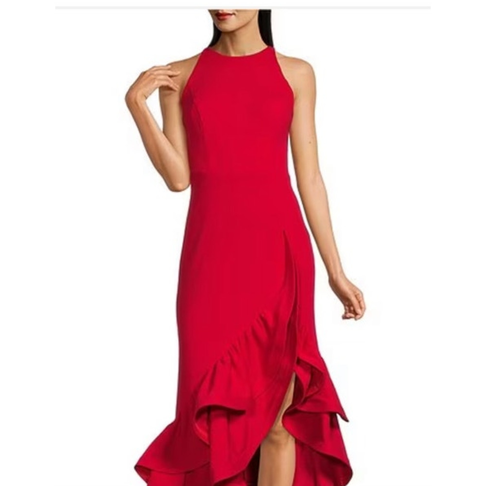 NWT Besty and Adam Round Neck Sleeveless Ruffle High-Low Stretch Crepe Gown SZ 8 - Picture 9 of 9